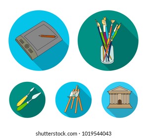 Bank with brushes, a drawing board, an easel with a canvas, paint knives.Artist and drawing set collection icons in flat style vector symbol stock illustration web.