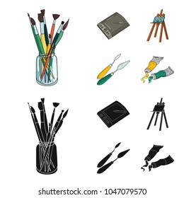 Bank with brushes, a drawing board, an easel with a canvas, paint knives.Artist and drawing set collection icons in cartoon,black style vector symbol stock illustration web.