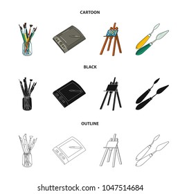 Bank with brushes, a drawing board, an easel with a canvas, paint knives.Artist and drawing set collection icons in cartoon,black,outline style vector symbol stock illustration web.