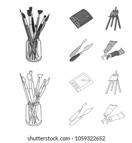 Bank with brushes, a drawing board, an easel with a canvas, paint knives.Artist and drawing set collection icons in outline,monochrome style vector symbol stock illustration web.