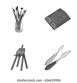 Bank with brushes, a drawing board, an easel with a canvas, paint knives.Artist and drawing set collection icons in monochrome style vector symbol stock illustration web.