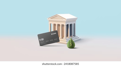 Bank Building 3d realistic render illustration with bag of money and credit card, modern financial render composition