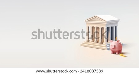 Bank Building 3d realistic render illustration with piggy bank savings, deposit or credit account banner