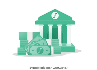 Bank Building und Banknote Illustration mit dem niederländischen Antillean-Währungssymbol. Geldsparkonzept, Geldtransfersymbol, Finanzelement für Unternehmen.