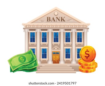 Bank building with banknotes and coins illustration. Banking finance concept. Vector bank isolated on white background