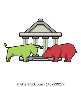 Bank building with bear and bull stock market symbols vector illustration