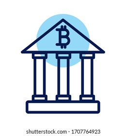 bank building with bitcoin crypto currency line style vector illustration design