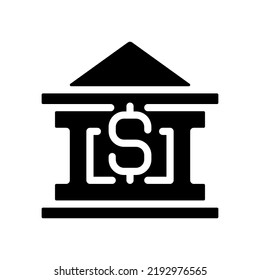 Bank building black glyph icon. Financing business. Borrow money. Personal loans. Financial institution. Cash needs. Silhouette symbol on white space. Solid pictogram. Vector isolated illustration