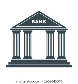 Bank building black simple icon. Classic view of building of financial institution. Flat vector cartoon illustration isolated on white background.