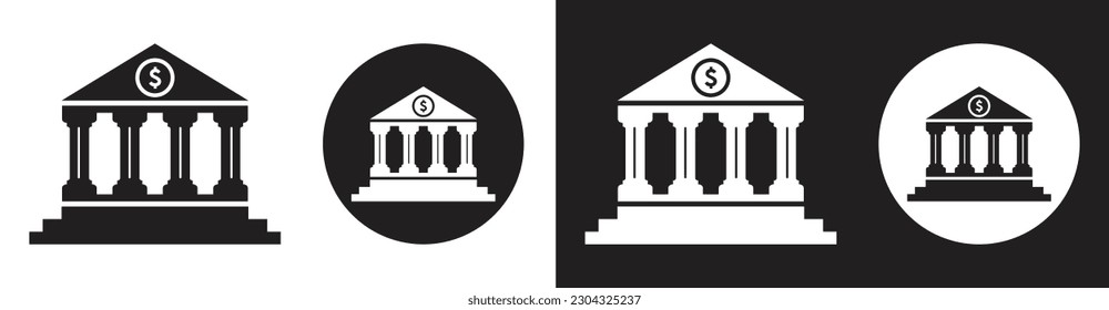 Bank building black and white vector icon set,Financial institution flat icon for apps and websites