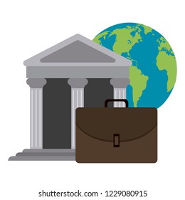 Bank building and briefcase with world