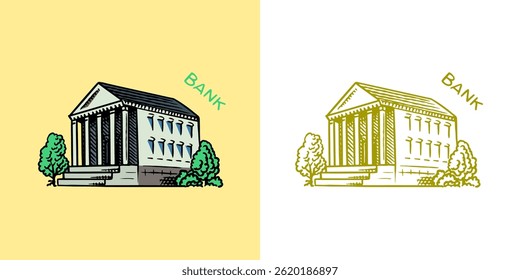 A bank building. Business doodles hand drawn icons. Management concept. Vector clipart illustration. Line and Ink sketch. Vintage style. 