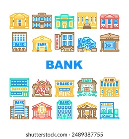 bank building business finance icons set vector. city office, government financial, money architecture, cityscape urban house bank building business finance color line illustrations