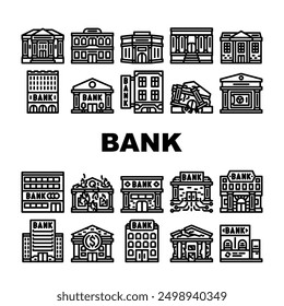 bank building business finance icons set vector. city office, government financial, money architecture, cityscape urban house bank building business finance black contour illustrations