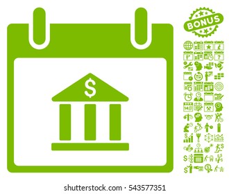 Bank Building Calendar Day icon with bonus calendar and time management symbols. Vector illustration style is flat iconic symbols, eco green, white background.