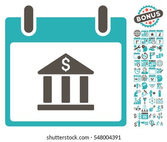 Bank Building Calendar Day pictograph with bonus calendar and time management pictograms. Vector illustration style is flat iconic symbols, grey and cyan, white background.