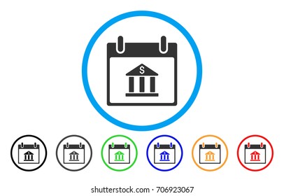 Bank Building Calendar Day vector rounded icon. Image style is a flat gray icon symbol inside a blue circle. Additional color variants are grey, black, blue, green, red, orange.