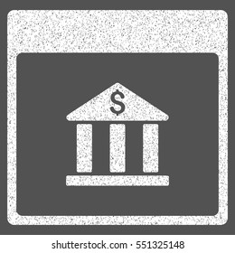 Bank Building Calendar Page grainy textured icon for overlay watermark stamps. Flat symbol with scratched texture. Dotted vector white ink rubber seal stamp with grunge design on a gray background.