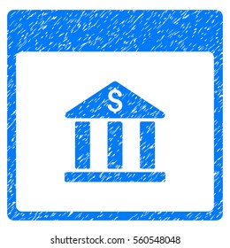Bank Building Calendar Page grainy textured icon for overlay watermark stamps. Flat symbol with dust texture. Dotted vector blue ink rubber seal stamp with grunge design on a white background.
