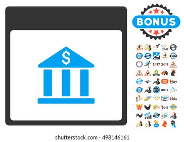 Bank Building Calendar Page icon with bonus calendar and time management design elements. Vector illustration style is flat iconic symbols, blue and gray colors, white background.