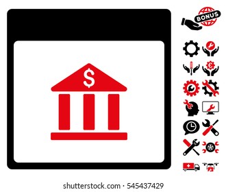 Bank Building Calendar Page icon with bonus service icon set. Vector illustration style is flat iconic symbols, intensive red and black, white background.
