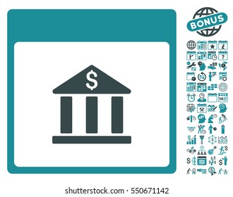 Bank Building Calendar Page pictograph with bonus calendar and time management symbols. Vector illustration style is flat iconic symbols, soft blue, white background.