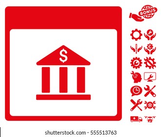 Bank Building Calendar Page pictograph with bonus tools icon set. Vector illustration style is flat iconic symbols, red, white background.