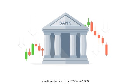 Bank building with the candlestick. Decreased value, Bank Run, Stock market. Vector illustration.