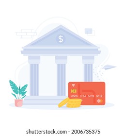 Bank building with card, banking operations illustration