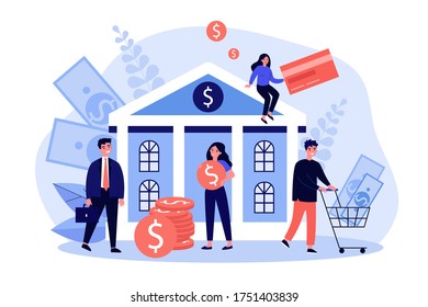 Bank building and cartoon business people flat vector illustration. Man and woman doing payment or getting money. Wealth, finance and investment concept