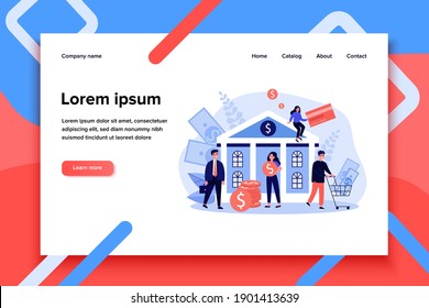 Bank building and cartoon business people flat vector illustration. Man and woman doing payment or getting money. Wealth, finance and investment concept