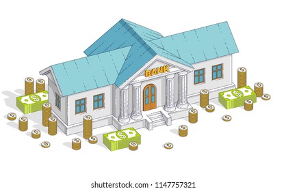 Bank building with cash money dollar pile and coin stack cartoon isolated over white background. Vector 3d isometric business and finance illustration, thin line design.