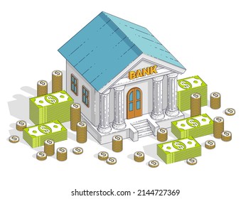 Bank building with cash money dollar pile and coin stack cartoon isolated over white background. Vector 3d isometric business and finance illustration, thin line design.