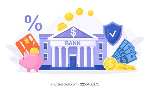 Bank building with cash, piggy bank. Stack of gold coins near Government Finance Department or Tax Office. Bank financing, money exchange, saving, accumulating money. Grant, subsidy, financial support