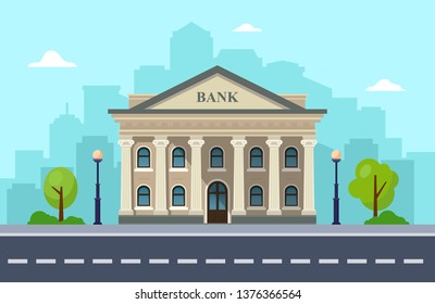 Bank building with city skylines. Urban landscape background. Vector illustration. Flat design.