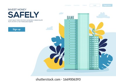 bank building in city space with road on flat syle background concept. Vector illustration design head banner or enter slide