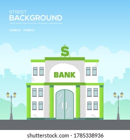 Bank building in city space with road on flat syle background concept. Bank  background. Modern illustration slider site page. Grain texture and noise effect. 