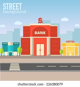 bank building in city space with road on flat syle background concept. Vector illustration design