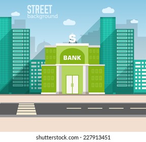 bank building in city space with road on flat style background concept. Vector illustration design