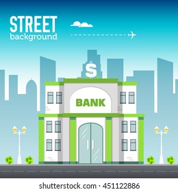 bank building in city space with road on flat syle background concept. Vector illustration design