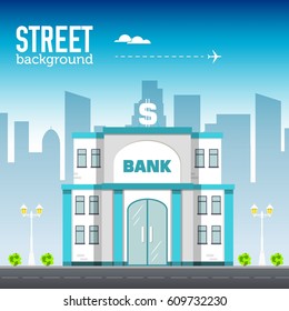 bank building in city space with road on flat syle background concept. Vector illustration design