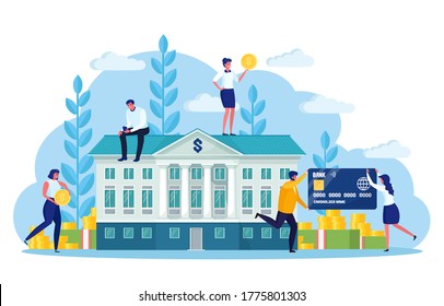 Bank building with classic facade, stack of money isolated on white background. Banker, employee, depositors, investors with credit card, cash. Government federal financial institute. Vector design