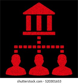 Bank Building Client Links grainy textured icon for overlay watermark stamps. Flat symbol with scratched texture. Dotted vector red ink rubber seal stamp with grunge design on a black background.