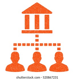 Bank Building Client Links grainy textured icon for overlay watermark stamps. Flat symbol with unclean texture. Dotted vector orange ink rubber seal stamp with grunge design on a white background.