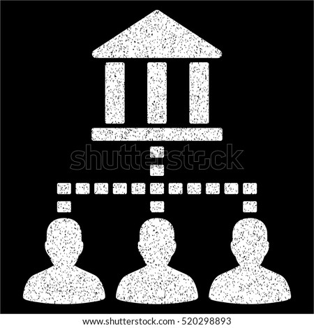 Bank Building Client Links grainy textured icon for overlay watermark stamps. Flat symbol with dirty texture. Dotted vector white ink rubber seal stamp with grunge design on a black background.