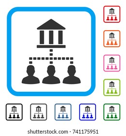 Bank Building Client Links icon. Flat gray pictogram symbol inside a light blue rounded squared frame. Black, gray, green, blue, red, orange color variants of Bank Building Client Links vector.