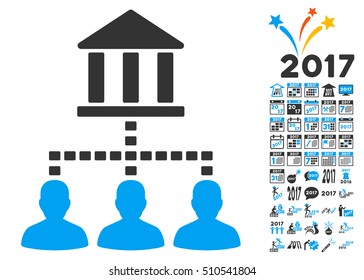 Bank Building Client Links pictograph with bonus 2017 new year design elements. Vector illustration style is flat iconic symbols,modern colors.
