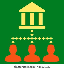 Bank Building Client Links vector toolbar icon. Style is bicolor flat icon symbol, orange and yellow colors, green background, rhombus dots.