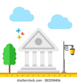 Bank building. Bank, clouds, street lantern, tree, etc. Creative flat illustration and flat design graphic concept for web sites, web banners, infographics, printed materials. Vector illustration