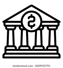 Bank building with coin line icon, banking concept. Vector graphics. House with roman columns, bank sign on white background, style mobile or design